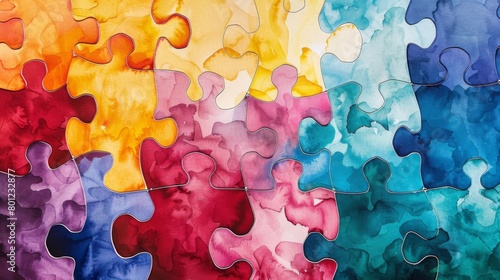 Interlocking puzzle pieces with a watercolor texture, symbolizing connection and diversity in a colorful, abstract design photo