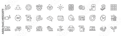 Quick tips, Cashback and Tax calculator line icons. Pack of Pie chart, Drag drop, Last minute icon. Return package, Download, Seo gear pictogram. Seo laptop, Social media, Density. Sms. Vector