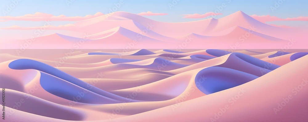 A vast desert landscape with rolling sand dunes under a pink sky