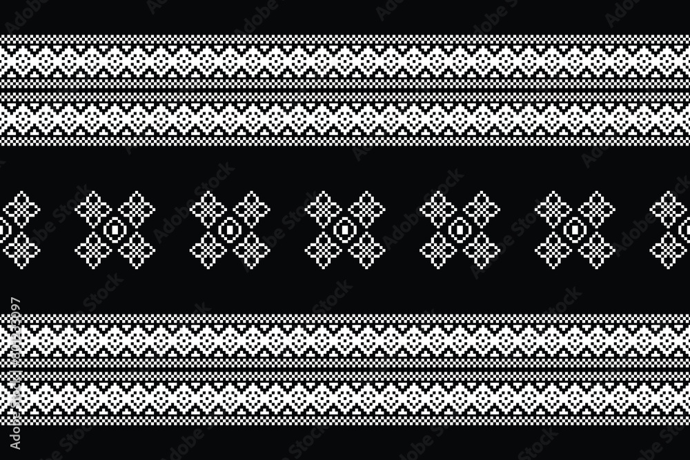 Traditional black ethnic motifs ikat geometric fabric pattern cross stitch.Ikat embroidery Ethnic oriental Pixel black background.Abstract,vector,illustration. Texture,decoration,wallpaper. Traditional black ethnic motifs ikat geometric fabric pattern cross stitch.Ikat embroidery Ethnic oriental Pixel black background.Abstract,vector,illustration. Texture,decoration,wallpaper.