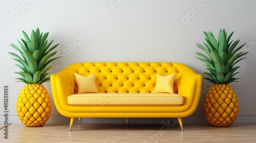 A yellow pineapple-shaped sofa with two matching pineapple-shaped ottomans in front of a white wall. photo