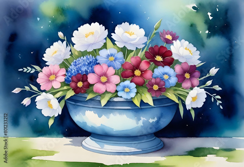 Watercolor illustration of blue planter filled with colorful spring flowers