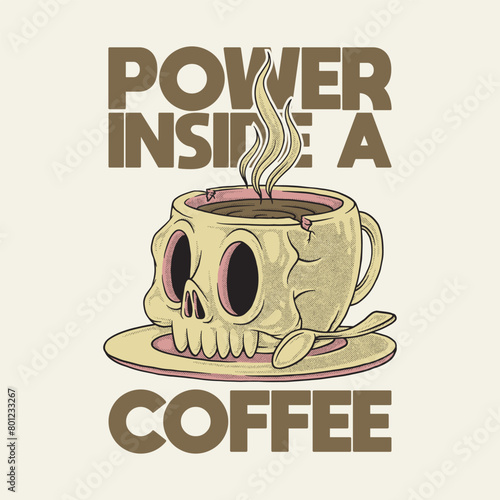 retro cartoon emblem of skull coffee cups