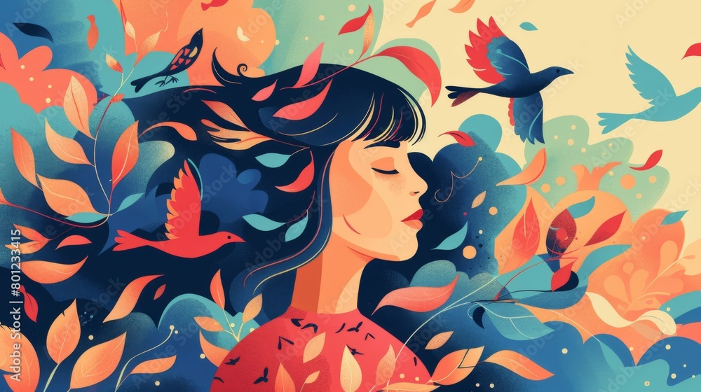 Mental health issues concept. Girl surrounded by swirling abstract elements such as birds and leaves. Flurry of thoughts, emotions, and experiences that can affect mental health