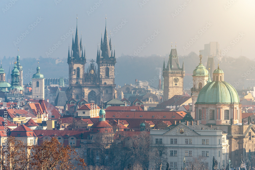 Aerial view of old town with Charles Bridge in Prague. Czech Republic.