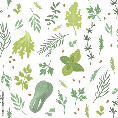 Seamless pattern with Spicy herbs. Textile Collection of culinary fresh herbs photo