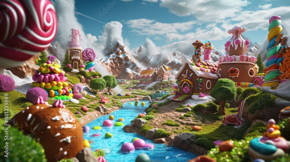 A whimsical and colorful candy village with houses made of confectionery delights and a river flowing with liquid sweetness. Resplendent.