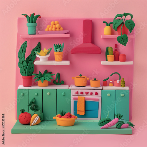 Plasticine kitchen with plants, cooking pots and vegetables