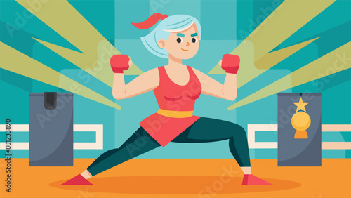 A middleaged woman looking to stay active and healthy participating in a mixed martial arts class challenging her mind and body.