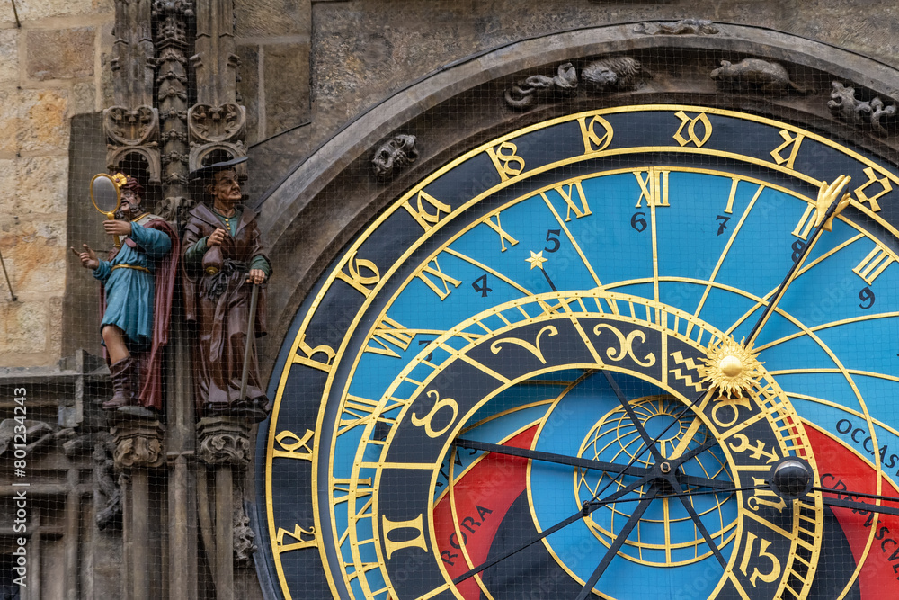 View of Astronomical clock in Old Town of Prague city.