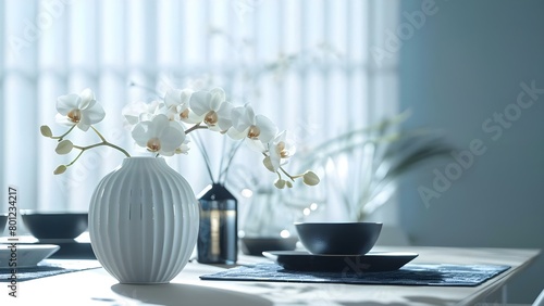 Elegant Table Setting with White Vase  Black and Gold Accents  and Orchids. Concept Elegant Decor  White Vase  Black and Gold Accents  Orchid Centerpiece  Table Setting