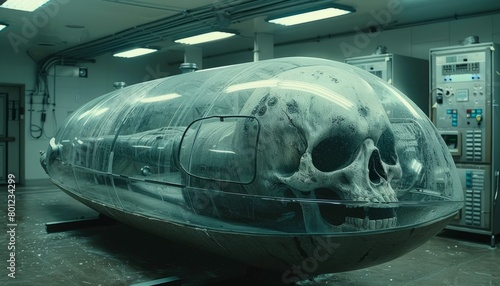 Wallpaper Mural Creepy full-length space alien floats in liquid in hibernation chamber. Anthropomorphic creature in laboratory glass capsule. Torontodigital.ca