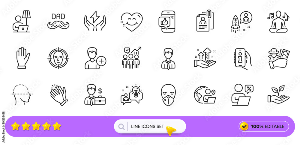 Fraud, Startup and Helping hand line icons for web app. Pack of Business statistics, Add person, Medical mask pictogram icons. Safe energy, Face scanning, Analysis graph signs. Search bar. Vector Fraud, Startup and Helping hand line icons for web app. Pack of Business statistics, Add person, Medical mask pictogram icons. Safe energy, Face scanning, Analysis graph signs. Search bar. Vector