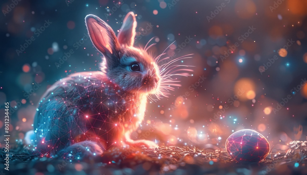 Obraz premium An easter greeting card design with a bunny and an easter egg in a digital tech style. Futuristic modern illustration with a light effect.