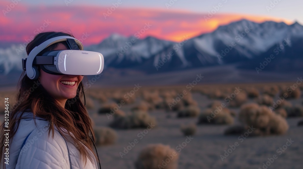 A female is in a virtual fantasy world with snow mountain forest when wearing VR headset. A female is in a virtual fantasy world with snow mountain forest when wearing VR headset.