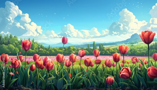 Landscape with blooming tulips. Fresh spring flowers. Growing flowers for sale in large quantities. Illustration for cover, card, postcard, interior design, banner, poster, brochure or presentation.