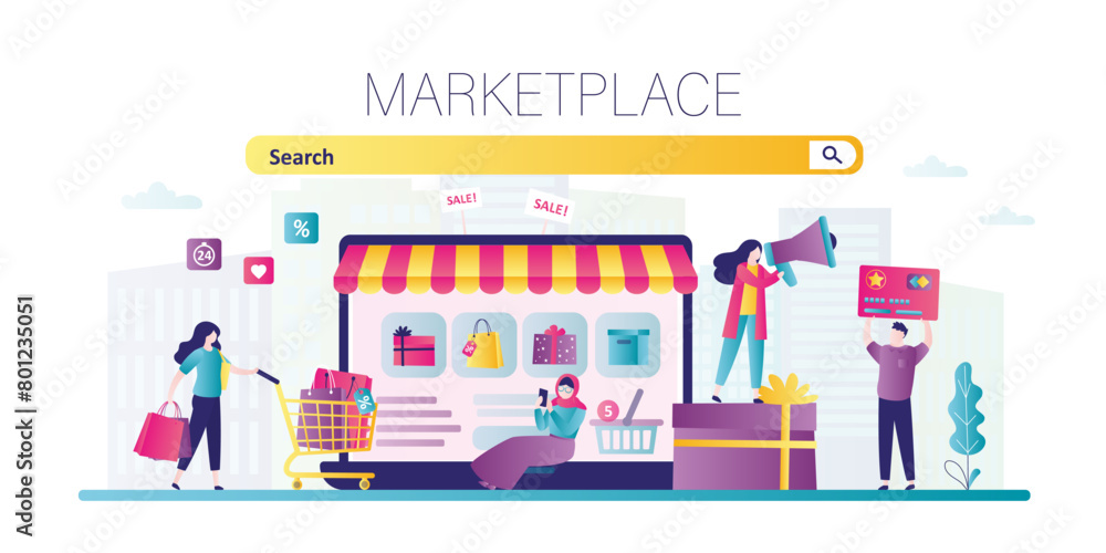 Marketplace website with search bar. Online shopping, e-commerce. Different people customers make purchases in an online store.