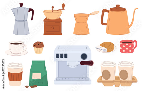 Set of coffee elements. Invigorating hot energy drink. A set of professional and home elements for making coffee. Vector illustration