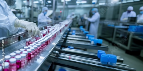 A pharmacist scientist wearing sanitary gloves inspects medical vials on a production line conveyor belt in a pharmaceutical factory producing prescription drugs, mass p