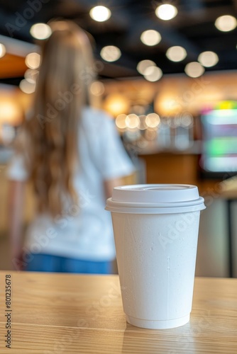 Young woman enjoying morning coffee in cafe with fresh brew  blurred background  space for text