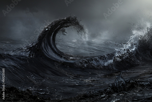A charcoal black wave, intense and powerful, flows dramatically over a dark charcoal background, conveying strength and mystery.