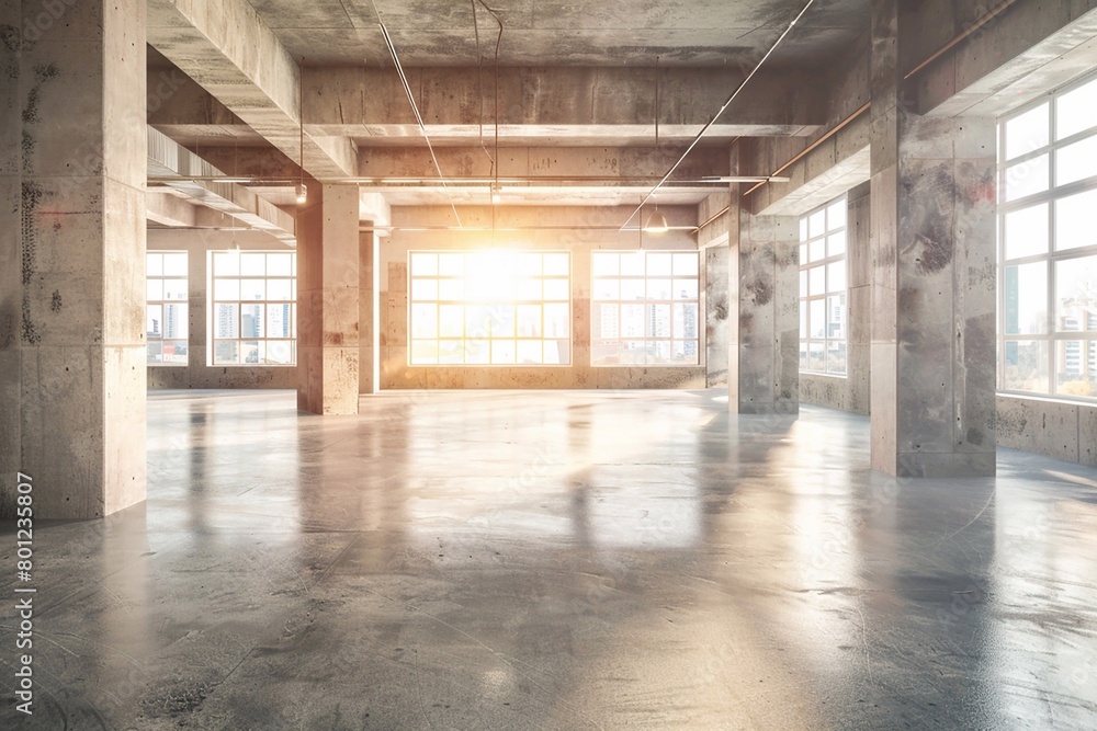 Modern loft style space with polished concrete floors, walls and ceiling with large windows.