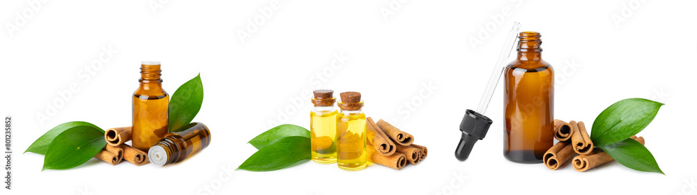 Cinnamon aromatic essential oil and cinnamon sticks isolated on white background. Aromatherapy. Organic cosmetic oil. Spa concept. Cinnamon aromatic essential oil and cinnamon sticks isolated on white background. Aromatherapy. Organic cosmetic oil. Spa concept.