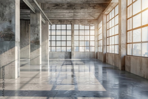 Modern loft style space with polished concrete floors, walls and ceiling with large windows.