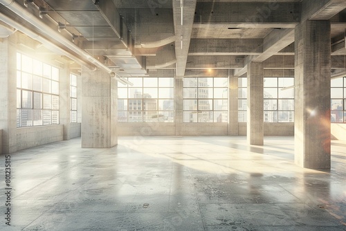 Modern loft style space with polished concrete floors, walls and ceiling with large windows.