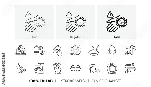 Eyeglasses, Skin care and Bike app line icons. Pack of Telemedicine, Bicycle, Dumbbells icon. Leaf dew, Capsule pill, Porridge pictogram. Toilet paper, Wash hand, Bike path. Stress. Line icons. Vector