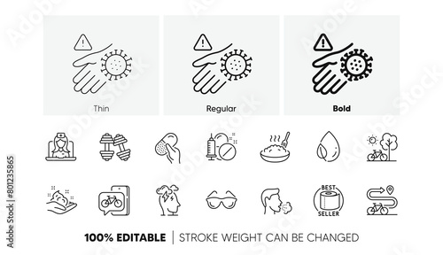 Eyeglasses  Skin care and Bike app line icons. Pack of Telemedicine  Bicycle  Dumbbells icon. Leaf dew  Capsule pill  Porridge pictogram. Toilet paper  Wash hand  Bike path. Stress. Line icons. Vector