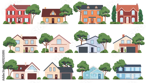 Set of house exterior architecture. Facades of mansions with trees. Residential rural and urban buildings. Traditional and modern houses. Vector illustration