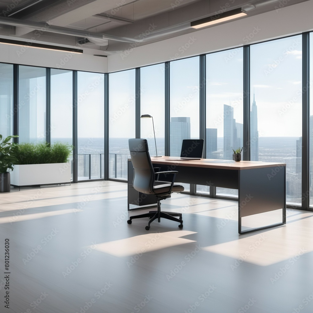 Fototapeta premium Corner view of coworking interior with chairs and pc desktop, wooden partition on concrete floor. Office work zone with panoramic window on New York skyscrapers. 3D rendering