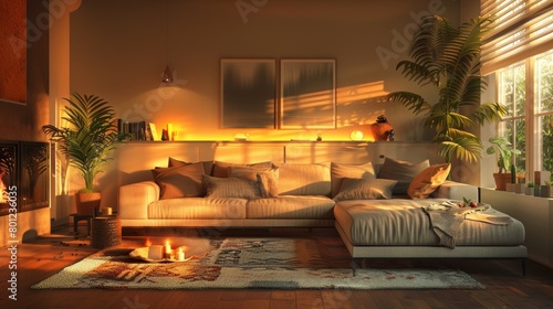 Cozy Living Room Intimate Space: A 3D illustration showcasing the intimate space of a cozy living room photo