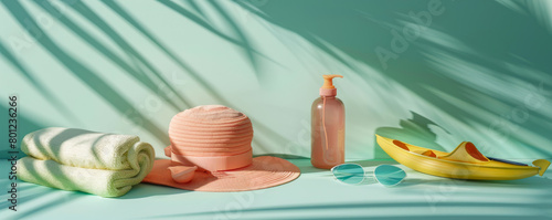 beach summer concept. hat and summer accessories beach cosmetics and palm leaves on turquoise background