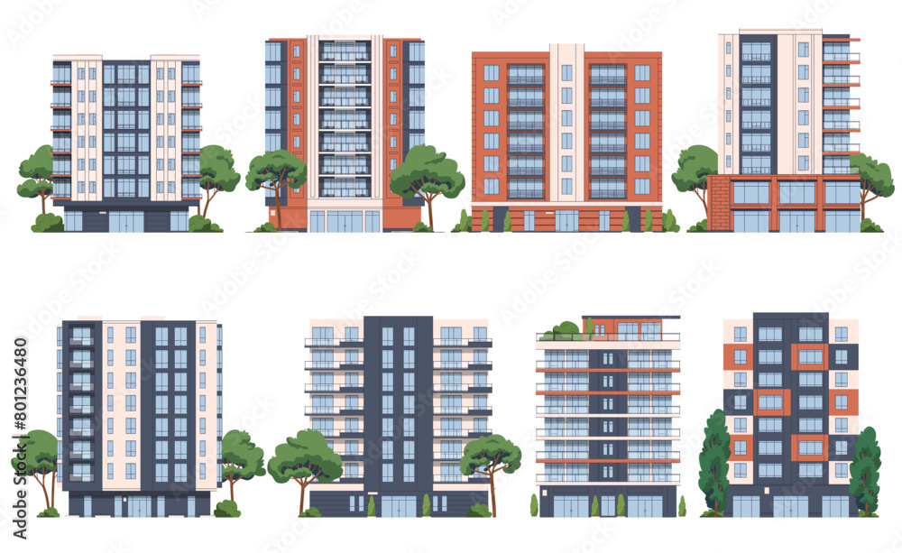 Multi-storey residential buildings. Urban development for human habitation. Residential complex. Houses with apartments. Vector illustration