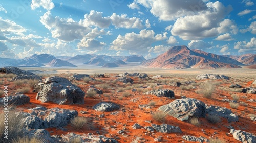 Desert Landscape Expansive Red Clay Terrain and Scattered Boulders in Highdefinition Clarity