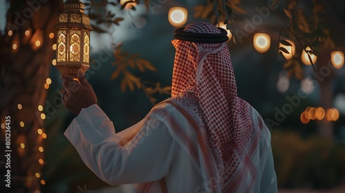 Arabic man wearing a Saudi bisht and traditional white shirt, walking through the night carrying a lantern. photo