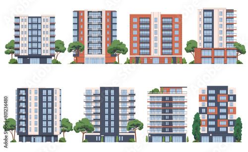 Multi-storey residential buildings. Urban development for human habitation. Residential complex. Houses with apartments. Vector illustration