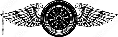 Black and white winged wheel illustration isolated on white background. Design element for emblem, sign, poster, card, badge. Vector illustration © liubov