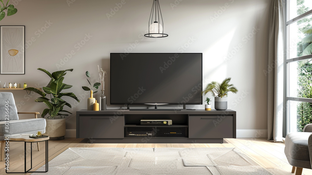 A front view of a modern TV stand with a sleek TV mounted on the wall, surrounded by minimalist decor in a spacious living room.