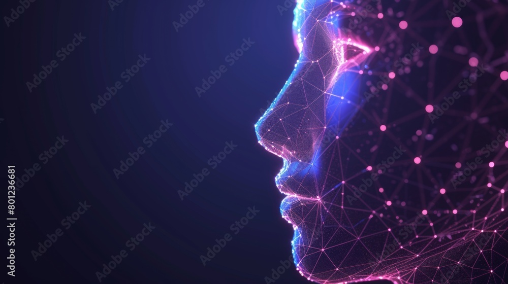 Glowing hologram of human face 3D model with dark background. Glowing hologram of human face 3D model with dark background.