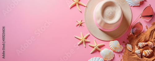 beach summer concept. summer straw hat, sunglasses and sea shells on a pink background with space for text. top view. banner or advertising poster