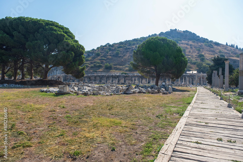 Ancient ruins of Ephesus (Efes or Ephesos) in Turkey. Ephesus antique theatre, tourism travel destination.