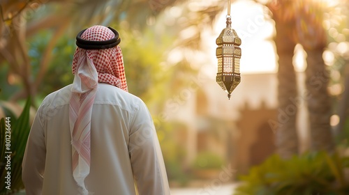 Arabic man wearing a Saudi bisht and traditional white shirt, walking through the night carrying a lantern. photo