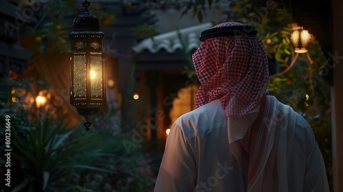 Arabic man wearing a Saudi bisht and traditional white shirt, walking through the night carrying a lantern. photo