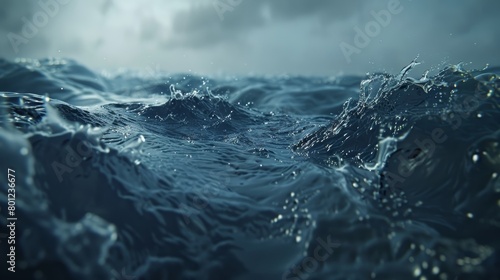 Dramatic close-up in high-resolution of the ocean's rising levels, captured cinematically against a deep blue setting, perfect for environmental films photo