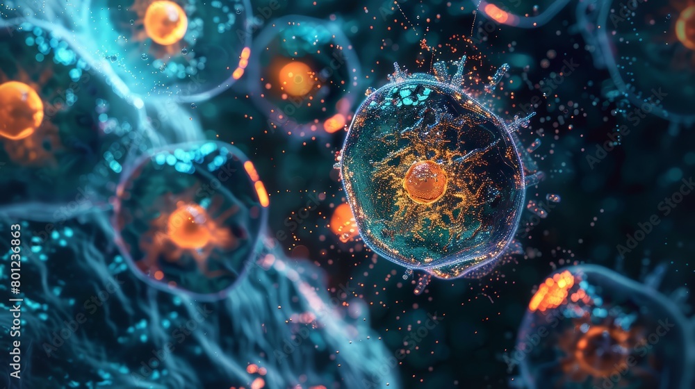 High-quality image capturing the intricate details of a stem cell research breakthrough, focusing on the microscopic view of stem cells being studied by researchers High-quality image capturing the intricate details of a stem cell research breakthrough, focusing on the microscopic view of stem cells being studied by researchers