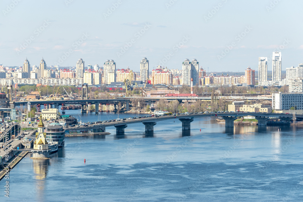 Landscape view of city with a bridge in Kyiv, Ukraine.