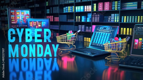 modern digital shopping scene with text cyber monday with vibrant screens displaying exclusive deals, online shopping carts © rielart